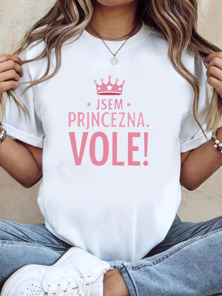 Modern Minimalist Women's T-Shirt, Czech Text "JSEM PRJNZNA." "VOLE!" Women's T-Shirt With Czech Theme "I Am A Princess", Decorated With A Crown Slogan, Casual, White, Short Sleeve And Printed - Suitable For Spring, Summer And Autumn, Casual Style, Modern Design, Versatile For Everyday Wear, Fabric, Casual And Modern Style For Everyday. - 白色 - 查看 1