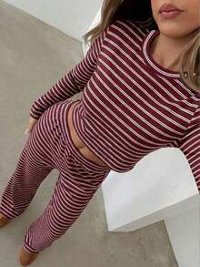 Conjunto de pijama informal para mujer de , incluye camiseta de manga larga con cuello redondo a rayas y pantalones rectos a rayas, adecuado para uso diario, deportes, otoño/invierno, ropa para el regreso a clases, conjunto de dos piezas a rayas marrones, para uso diario, oficina, salidas. - Multicolor 2 - Ver 13