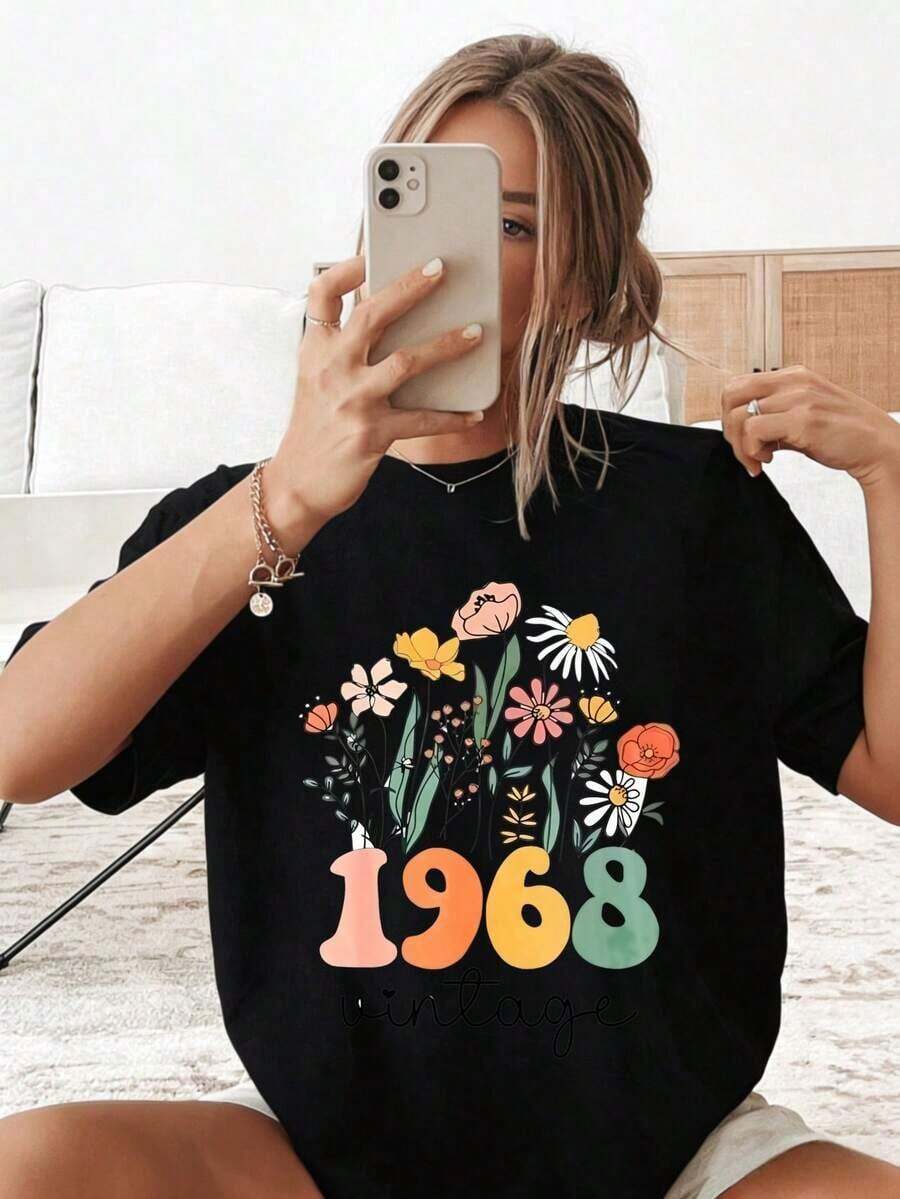 Camiseta de algodón de manga corta con estampado floral retro vintage de 1968 para mujer, estilo oversize, informal de verano, regalo para ella, cuello redondo, estampada, de manga corta, informal para uso diario. Son excelentes regalos para amigos y familiares. Camisetas 100% algodón, con un diseño juvenil y moderno, adecuadas para primavera, verano y otoño. - Negro - Ver 1