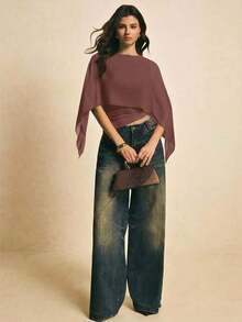 uello chal marrón para mujer, blusas elegantes para mujer, blusas casuales para mujer, apropiada para uso diario, salir, ir y venir en otoño/invierno, blusa de manga de murciélago, blusa marrón café, blusa marrón oscuro - Color caoba - Ver 2