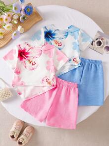 4pcs/Set Kaos Asimetris Motif Hibiscus untuk Anak Perempuan dan Celana Pendek Warna Polos - MultiWarna - View 2
