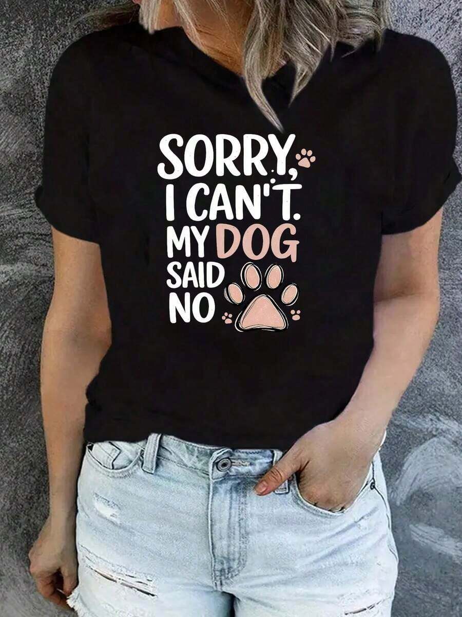 Women's Elegant Short-Sleeve T-Shirt With Fun Dog Print, Round Neck, Comfortable, Soft And Breathable, New Arrival, Stylish, Simple, Retro, Cool, Versatile For Casual Outfits, Casual Style Top For Spring And Summer - 黑色 - 查看 1