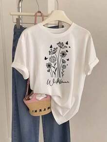 Plus Size Short Sleeve T-Shirts For Women, Ideal For Summer And Everyday Wear, Basic T-Shirts, New 2026 Women's T-Shirt With Wildflower, Butterfly And Plant Prints, Casual Printed Top, Perfect For Summer Fashion, Gifts, Parties And Everyday Wear, Breathable And Comfortable. - 白色 - 查看 1