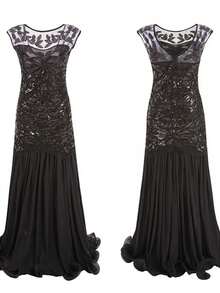 Women's Long Party Dress With V-Neck, Sequin And Lace Embroidery On The Top, Flowing Chiffon Skirt, Various Colors (Green, Black, Red, Champagne), Ideal For Banquets And Formal Events. - 黑色 - 查看 6