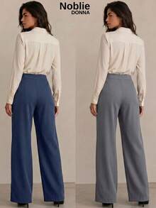 Set Of 2 Tailored Wide Leg High-Waisted Palazzo Pants, Elegant, With Front Button - 1 件藏青色 1 件灰色 - 查看 2