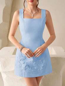 Vestido mini sexy con decoración floral 3D y cinturón a la cintura en color amarillo pálido, adecuado para citas, fiestas y ocasiones formales - Azul - Ver 4