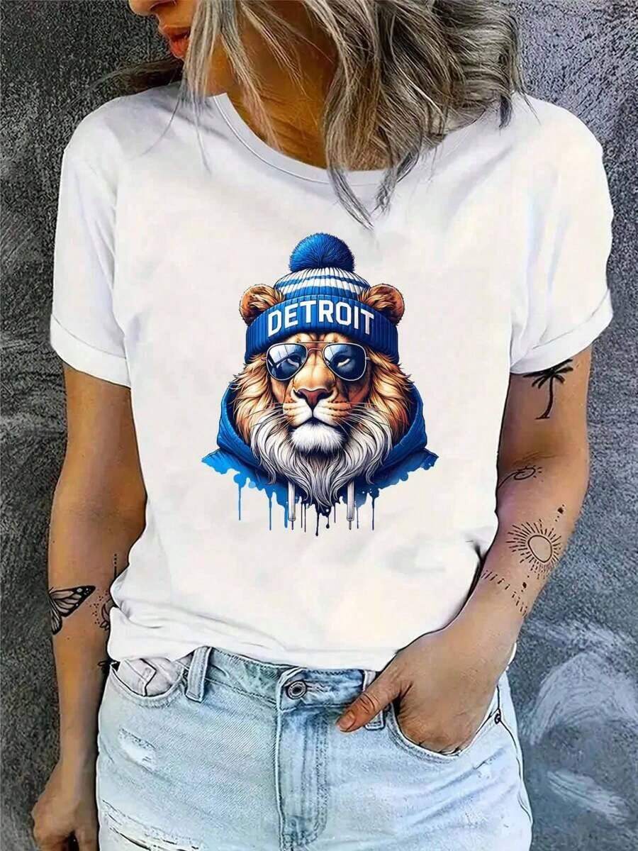 Soccer Jersey, Cool Lions Soccer Jersey, Women's Soft And Breathable Cotton Crew Neck T-Shirt, Gift For Detroit Fans, Loose Fit, Casual And Versatile T-Shirt, Y2K Style - 白色 - 查看 1