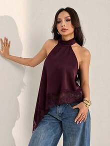 Top halter con escote trasero, bajo asimétrico y parches de encaje, sexy para el verano - Granada - Ver 5