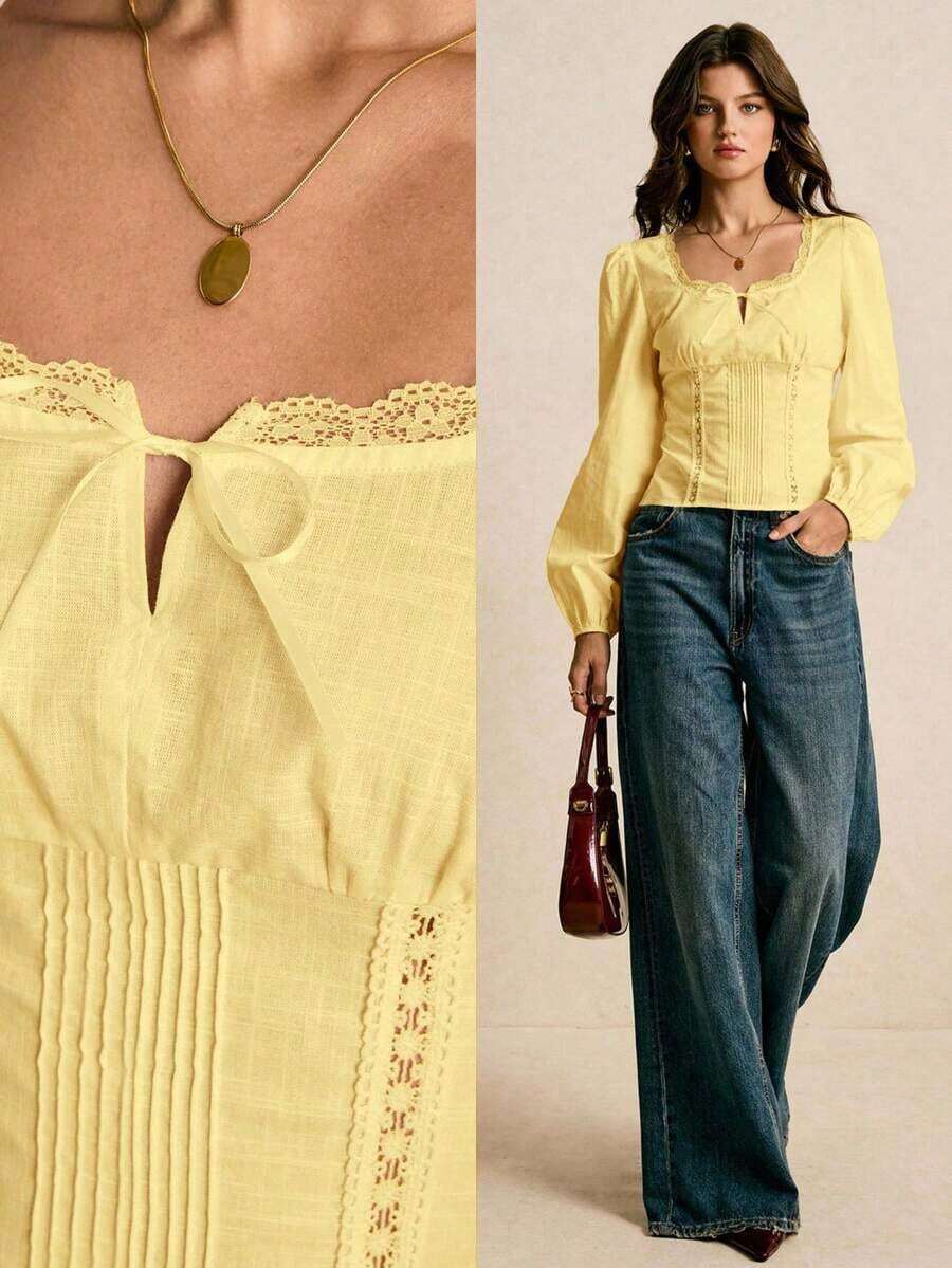 Blusa de manga larga elegante con ribete de encaje de unicolor para mujer - Amarillo claro - Ver 1