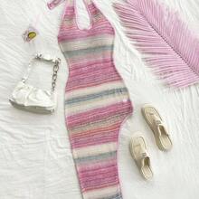 WYWH Colorful Ombre Halter Neck High Slit Romantic Casual Vacation Dress For Women,Summer Dresses For Women,Pastel Dresses For Women - Azul - Ver 2