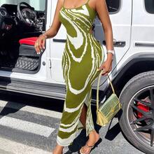 BamGlam Graphic Print Striped Brush Print Bodycon Dress Split Hem Cami Dress Maxi Women Outfit - Azul - Ver 8