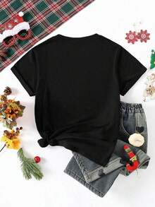 NewSummerCasualPlayera con diseño de Reno brillante, pero es estampada, con colores de temporada, ideal para uso diario, llamativo, moderno, holgado, cuello redondo, manga corta, ideal para toda la familia-Vintage Street Style Unisex Loose Cotton Short Sleeve Crew Neck T-Shirt - Negro - Ver 2
