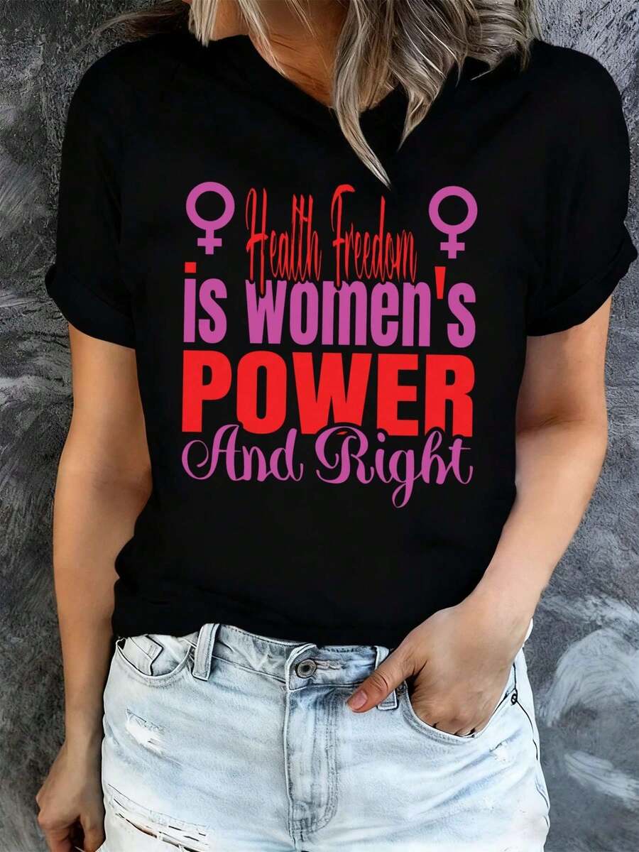 Camisetas gráficas negras drtidas de mujer "Health Freedom Power", perfectas para verano, ropa de exterior y de ocio, casuales, regalo de Pascua, cuello redondo, uste regular