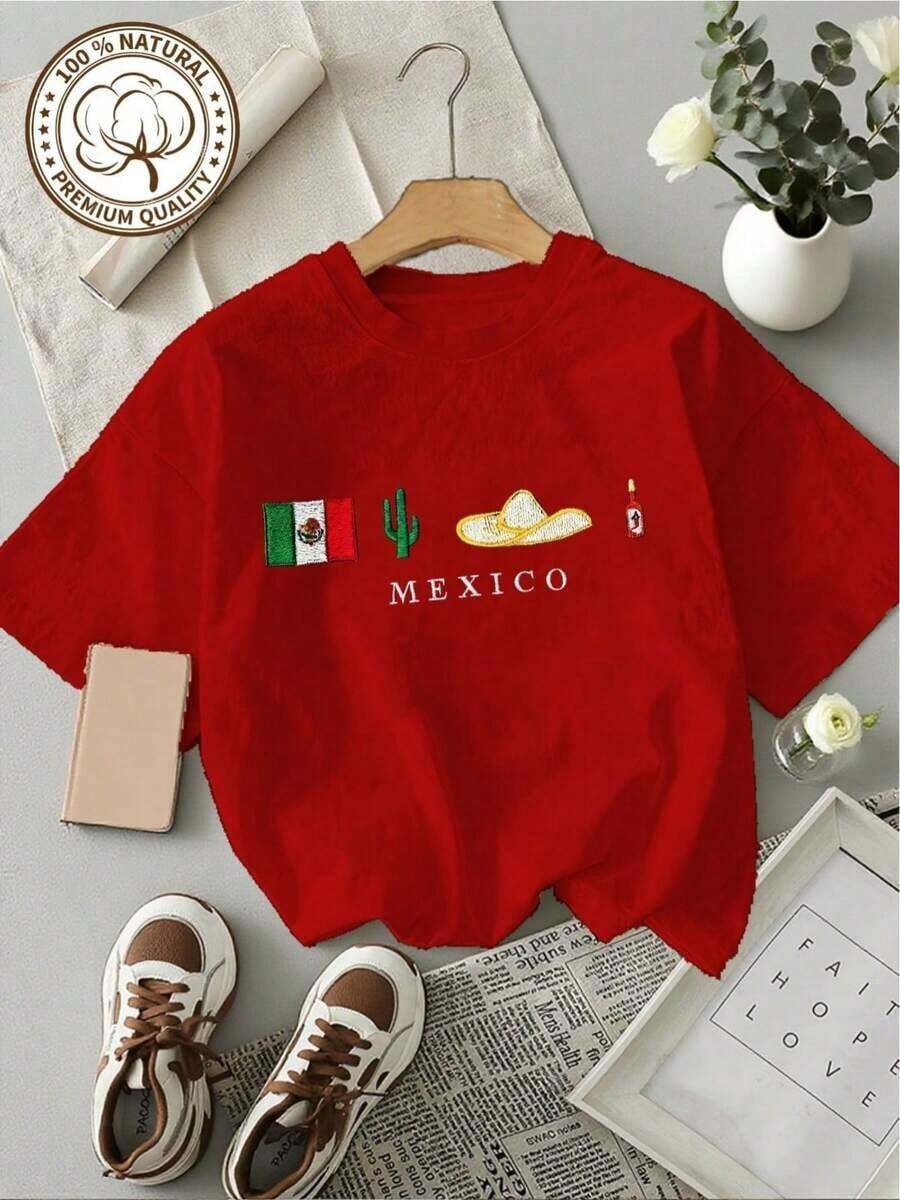 Women's Short Sleeve Blouses, Soft Cotton T-Shirt With Mexican Flag, Cactus And Hat Design, Gift For Travel Lovers, Valentine's Day Outfit, Fashionable Women's Dresses For Summer, Casual, Perfect For All Seasons, S M L XL, Gym, Y2K, Round Neck, Cotton, Soft Fabric, Short Sleeve, 100% Cotton. - 紅色的 - 查看 1