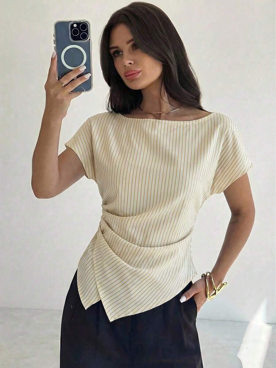 Blusa asimétrica casual y elegante a cuadros, adecuada para ir al trabajo, uso diario casual y vestimenta de negocios de moda / Ropa de otoño para mujer / Atuendos para volver a la escuela / Atuendos de maestra / Blusas para salir / Blusas para salir / Casual de negocios para mujer / Camisa a rayas / Casual de negocios para mujer / Camisas de maestra - Albaricoque 3 - Ver 1