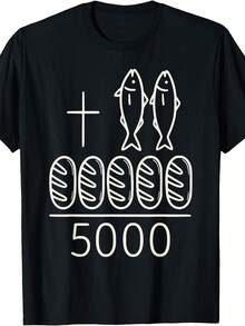 Camiseta Cristianara Mujeres Talla Grande - Milagro de los 5000 (2 Peces y 5 Panes), Cuello Redondo Suave de 180g, Manga Corta con Versículo para Eventos de Iglesia, Uso Casual y Regalos Religiosos, I para Atuendos de Iglesia - Negro - Ver 2