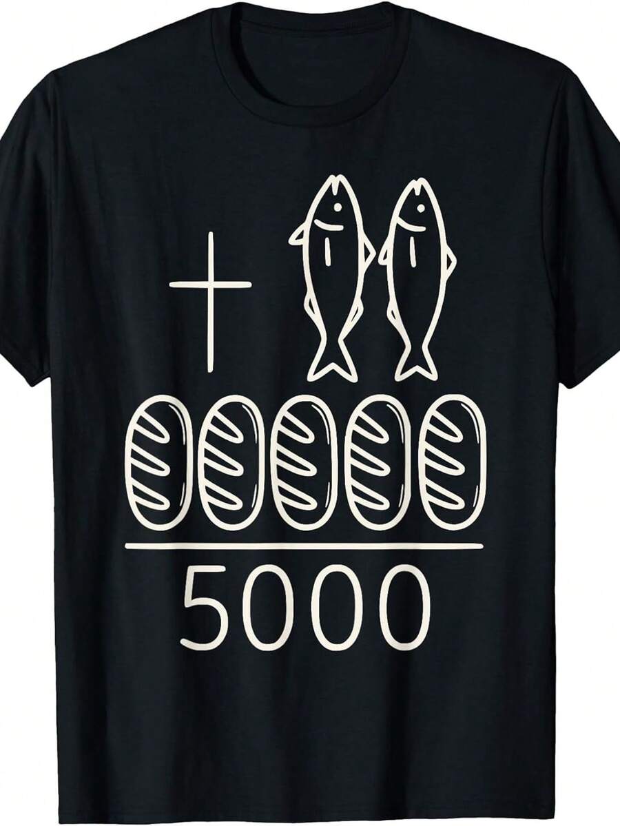 Camiseta Cristianara Mujeres Talla Grande - Milagro de los 5000 (2 Peces y 5 Panes), Cuello Redondo Suave de 180g, Manga Corta con Versículo para Eventos de Iglesia, Uso Casual y Regalos Religiosos, I para Atuendos de Iglesia
