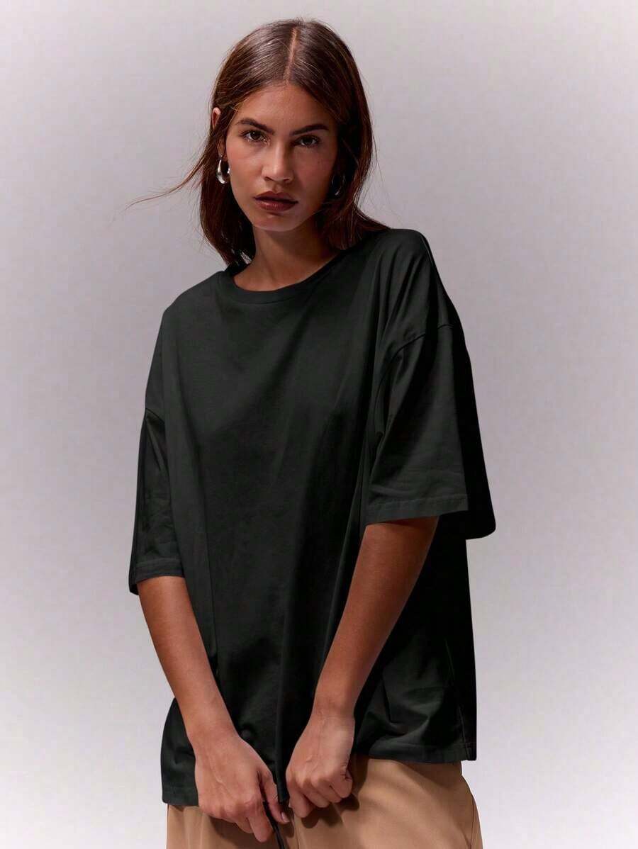 Oversized Crew Neck T-Shirt Unisex Casual Capsule Wardrobe Everyday Oversized Tee Airport Elegant Spring Summer Vacation - Black - View 1