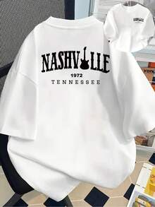 Camiseta de manga corta con diseño sencillo y versátil en la parte delantera y trasera - Estampado de moda Nashville, 1972 - Camiseta de mujer con estampado moderno para primavera/verano, un artículo de moda ideal para citas de fin de semana, reuniones y viajes. Camiseta de algodón - Blanco - Ver 7