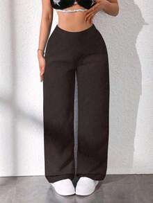 Pantalones rectos sueltos de cintura alta de unicolor casual para mujer, negro - Marrón - Ver 4