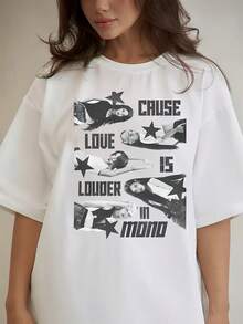 Ropa de mujer a la moda adecuada para todas las estaciones: una camiseta negra estampada de corte holgado + pantalones negros, combinados con una pulsera fina dorada, un collar, un reloj de correa marrón y un bolso de hombro grande negro, creando un conjunto de camiseta genial y armonioso.blusa casual mujer verano - Blanco - Ver 1