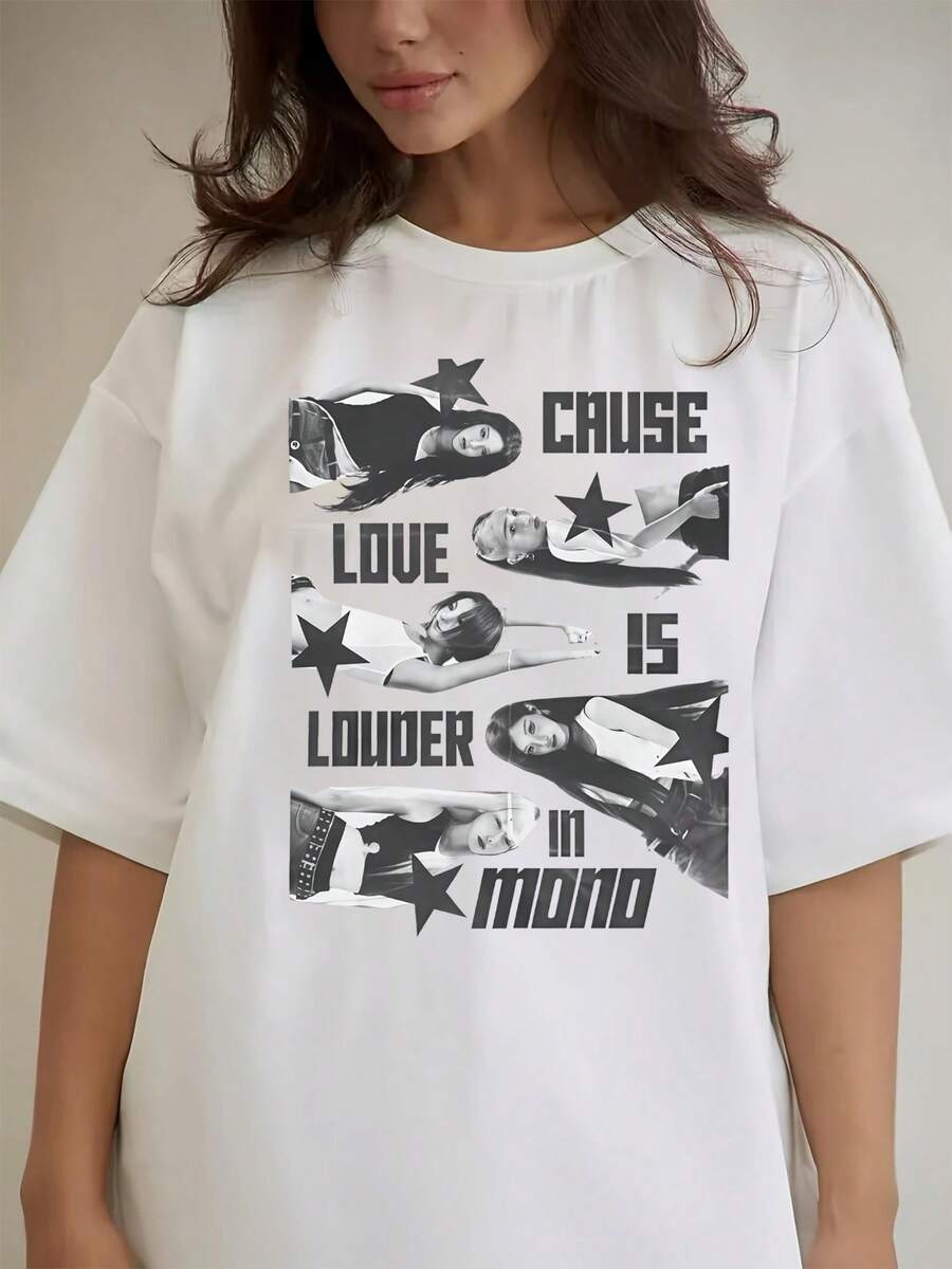 Ropa de mujer a la moda adecuada para todas las estaciones: una camiseta negra estampada de corte holgado + pantalones negros, combinados con una pulsera fina dorada, un collar, un reloj de correa marrón y un bolso de hombro grande negro, creando un conjunto de camiseta genial y armonioso.blusa casual mujer verano - Blanco - Ver 1