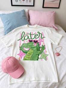 Camiseta estampada mujerCrocodile-Themed Printed Short-Sleeved Crew Neck  Graphic White , Streetwear Summer Top Camiseta Para Mujer Free ShippingPlayera para verano - Blanco - Ver 6