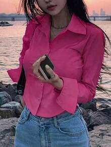 Blusa de unicolor informal para mujer para usar en el trabajo/diario, primavera-verano, con mangas largas - Rosa Fucsia - Ver 5