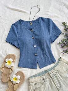 Blusa casual de mujer con manga corta, bordado de malla y lazo con botón - Azul - Ver 7