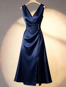 Vestido maxi elegante de satén color crema marfil sin mangas con cuello en V, cintura fruncida y abertura lateral.Alta calidad para ocasiones formales y citas - Azul marino - Ver 1