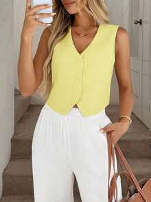 Chaleco negro, chaqueta fina, blusa de oficina para mujer - Amarillo - Ver 5