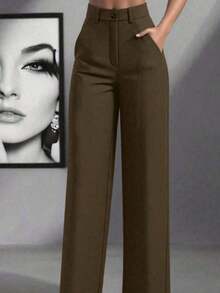 Pantalones de traje minimalistas de oficina de pierna ancha y recta de cintura alta para mujer - Marrón - Ver 4