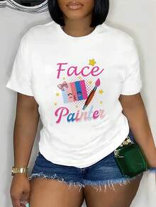 1 camiseta casual de manga corta para mujer con estampado de pintor - top de verano con cuello redondo, diseño divertido de pincel y estrellas, tela transpirable, lavable a máquina, corte estándar, camiseta con patrón geométrico, material semitransparente, adecuada para uso diario, textura suave, talla adulta, 180g, 100% algodón. - Blanco - Ver 1