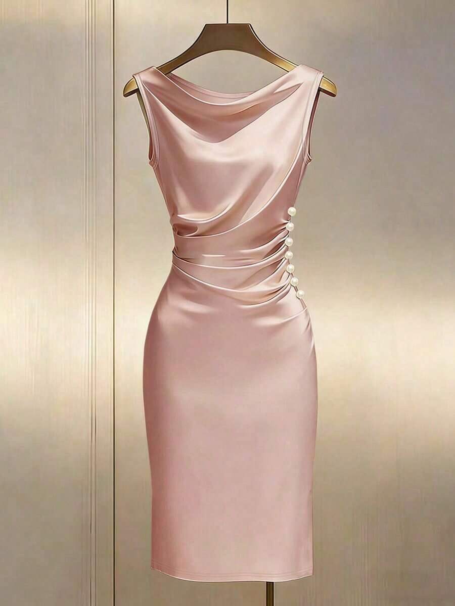 Vestido ajustado sin mangas con cuello drapeado de satén color dorado champán - Rosa - Ver 1