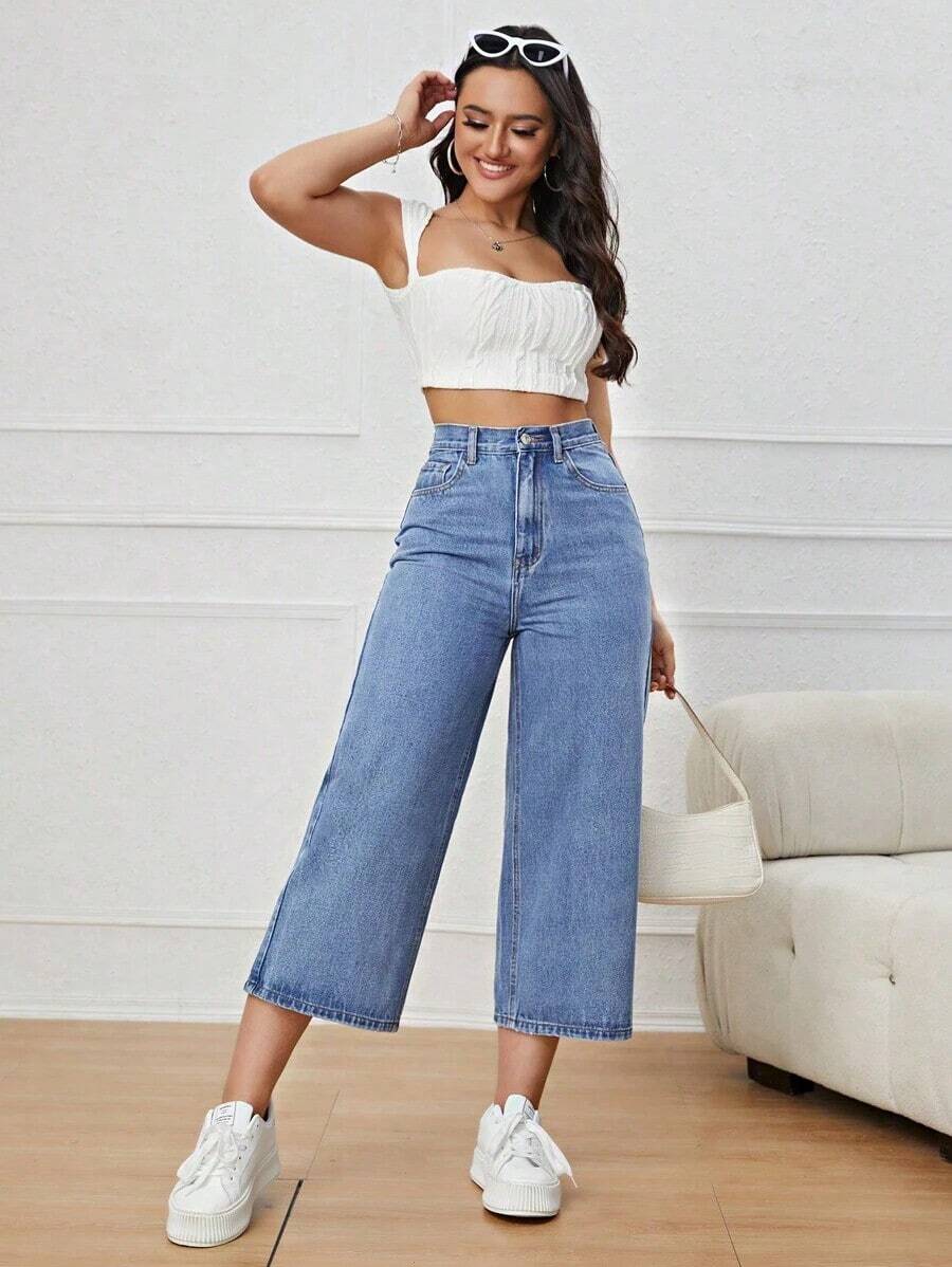 Jeans casuales de cintura alta con bolsillos y pierna ancha - Azul lavado medio - Ver 1