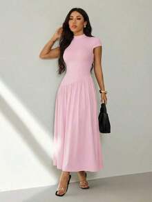 Vestido casual largo plisado de manga abullonada y cuello alto en unicolor para mujer, de verano - Rosa - Ver 8