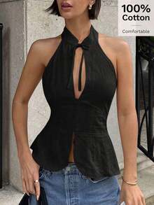 Parte superior sin mangas de mujer con lazo, cuello halter y abertura, chaleco casual - Negro - Ver 6