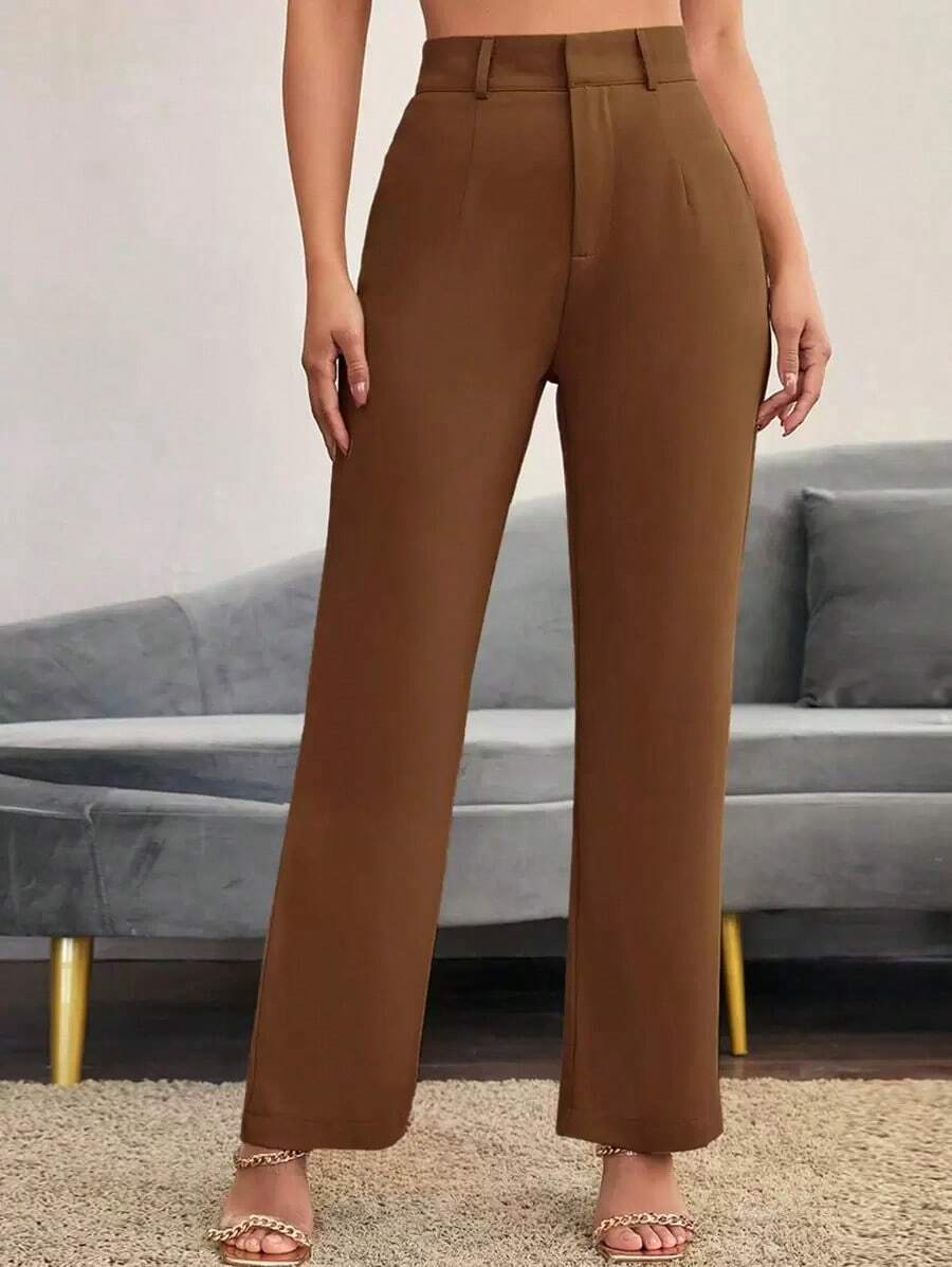 Pantalones rectos casuales lisos para mujer, para uso diario en otoño/invierno - Marrón 2 - Ver 1