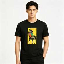 Camiseta de manga corta con estampado ecuestre vintage, modelo nuevo 2026, moderna, versátil y casual para uso diario. - Negro - Ver 2