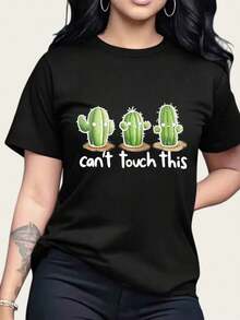 Camiseta Gráfica Divertida "Cactus Cant Touch This" para Mujer, Estilo Casual, con Estampado de Dibujos Animados, Ropa de Verano - Negro - Ver 6