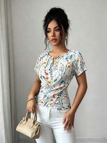 Blusa de manga corta con cuello redondo, estilo envolvente, elegante y casual, con cinturón y cuentas, adecuada para ir al trabajo, citas, y uso durante todo el año en primavera/verano.Blusa elegante para damas, apropiada para fiestas, citas, oficina, negocios, vida diaria en primavera/verano, temporada de graduación, Día del Maestro, vuelta al colegio, Acción de Gracias.Blusa de manga corta para uso diario, de unicolor con cuentas. - Multicolor - Ver 4