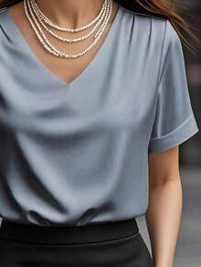 1 pieza Blusa de mujer de unicolor de satén con cuello en V y manga corta, elegante y de moda para uso diario, oficina, hogar, citas, primavera/verano, color negro casual - Gris - Ver 4