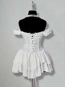 Vestido corto de gasa con volantes en el hombro, cintura fruncida y estampado jacquard para mujer, elegante para fiestas y uso casual - Blanco - Ver 2