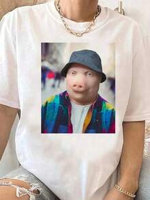 Camisa de manga corta de aodón transpirable y de uste hoado con estampado de cerdo en llam telefónica, estilo gótico y urbano - Blanco - Ver 2