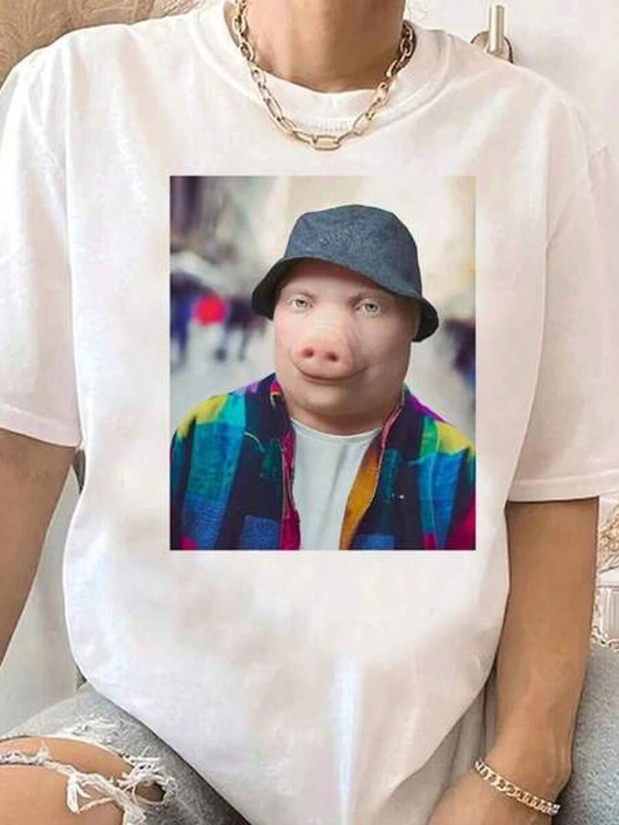 Camisa de manga corta de aodón transpirable y de uste hoado con estampado de cerdo en llam telefónica, estilo gótico y urbano