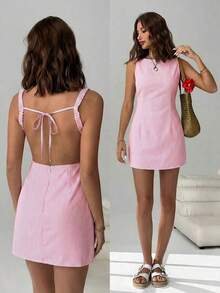 Vestido mini sin espalda y sin mangas con rayas azules tejido para mujeres - Rosa 2 - Ver 8