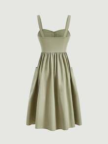 Vestido casual de tirantes con bolsillo y diseño de botones de unicolor para mujer - Verde lima - Ver 2