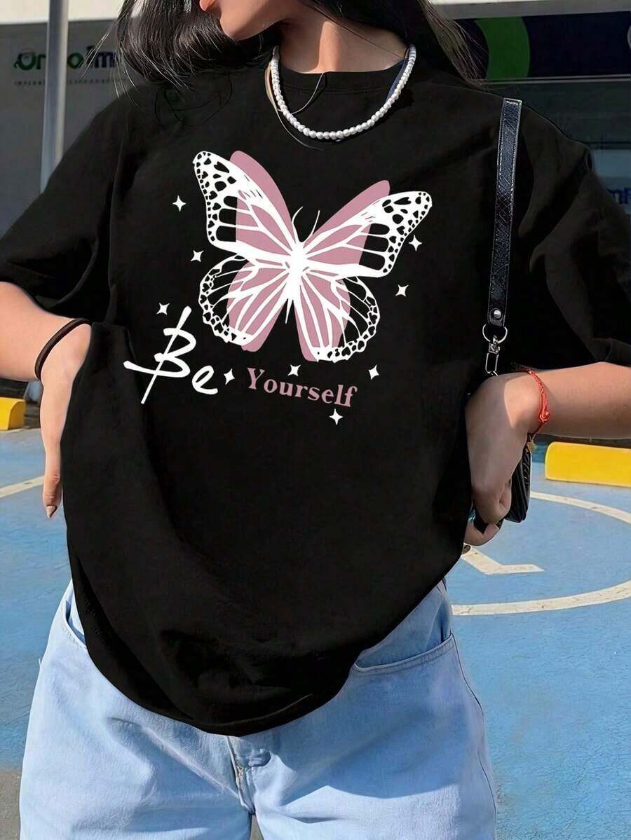 Mexican Basic Vintage Women's Short Sleeve T-Shirt With Round Neck And Butterfly Print, Casual And Versatile Style For Vacation, Suitable For Daily Wear And Fashionable Summer In Black. Fashion New Launch - 黑色 - 查看 1