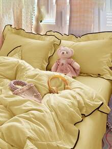 Juego de ropa de cama de 3 piezas con volantes de gasa (1*Funda nórdica + 2*Fundas de almohada), suave y cómodo, adecuado para el dormitorio, excelente como regalo - Dorado - Ver 6