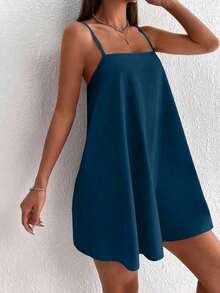 Vestido minifalda camiseta de unicolor minimalista y casual sin espalda - Azul marino - Ver 3